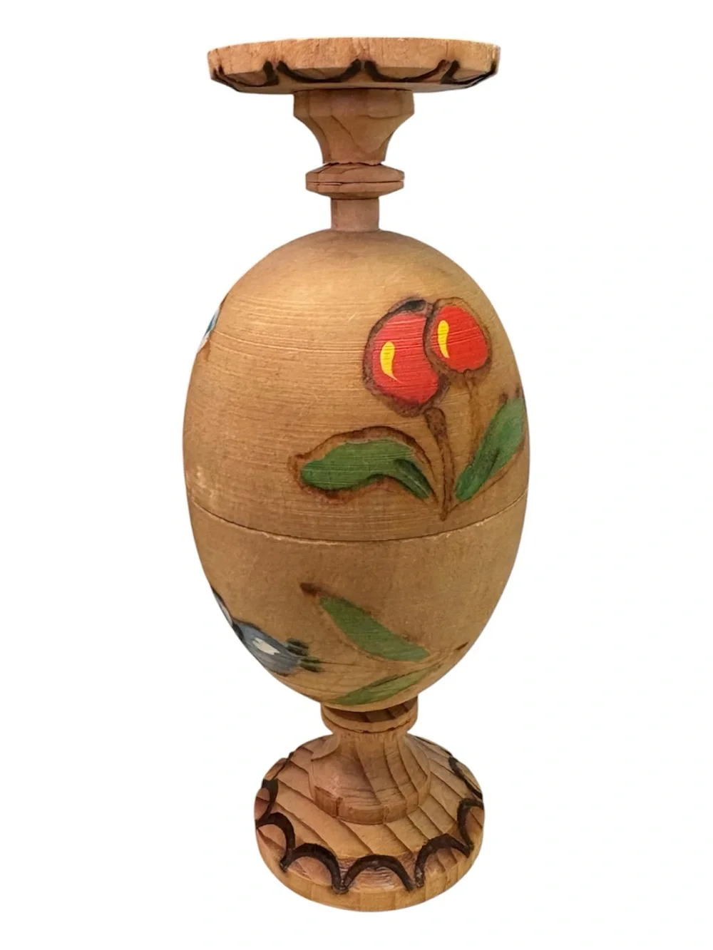Handcrafted Wooden Egg Stand with Blue Floral Accent
